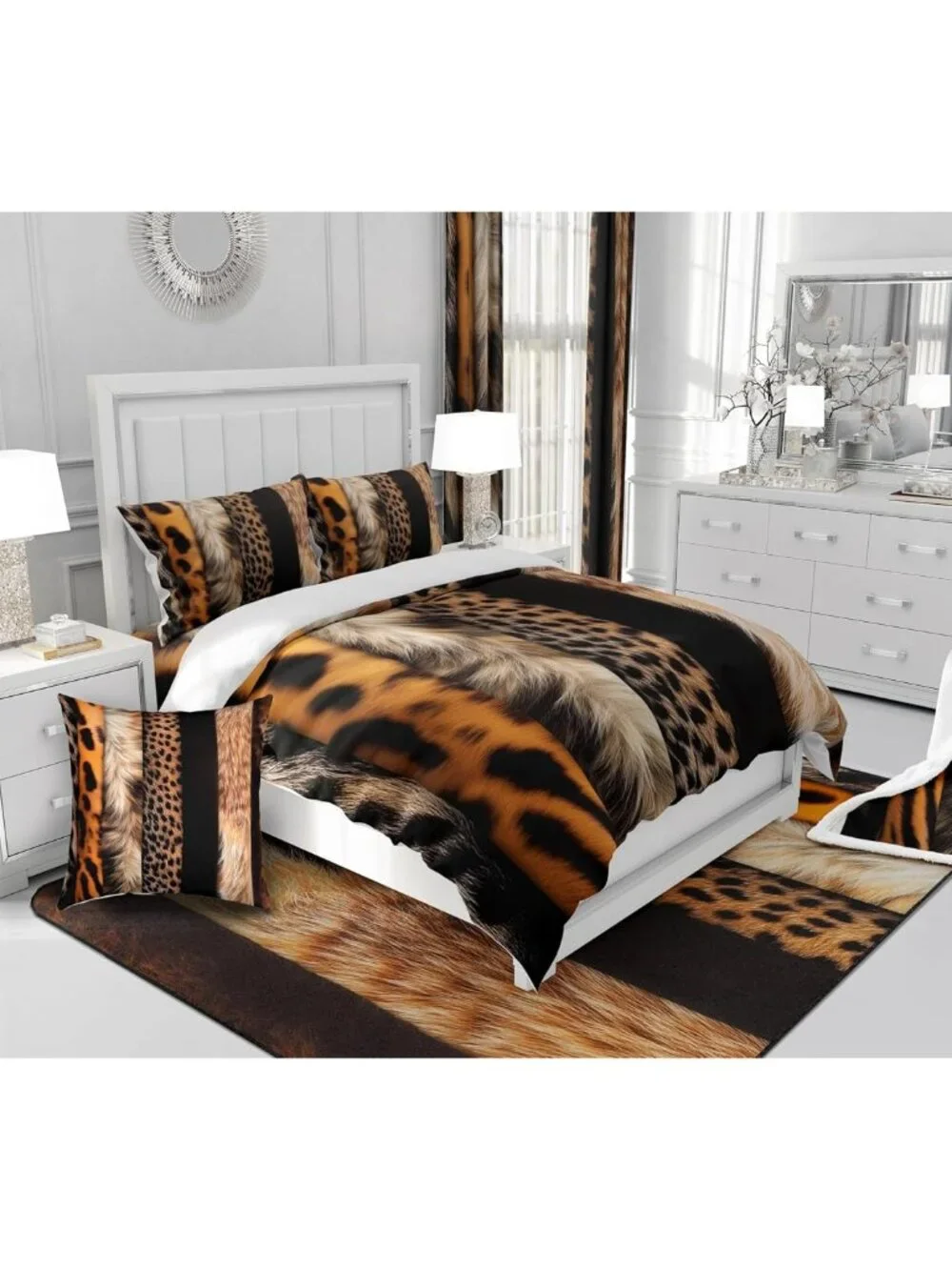 Leopard Print Comforter Set Wild Animal Fur Bedding Set Queen Size for Kids Boys